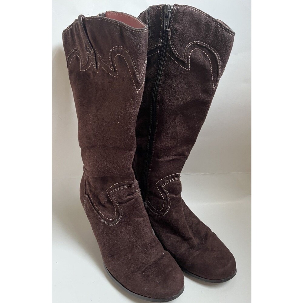 Ellemenno Dallas Brown Faux Suede Western Boots Women’s 6.5 Knee High Block Heel